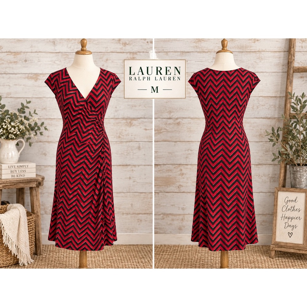 Lauren Ralph Lauren Red Black Chevron Faux Wrap Midi Dress Size M Cocktail Party
